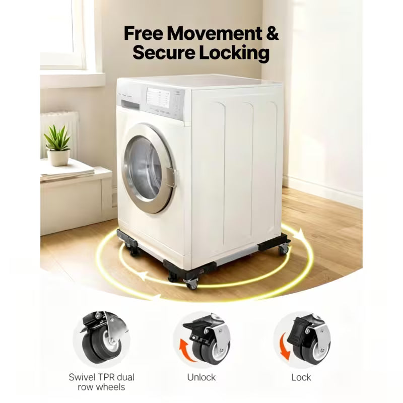 Adjustable Washing Machine & Fridge Stand with 4 Locking Wheels